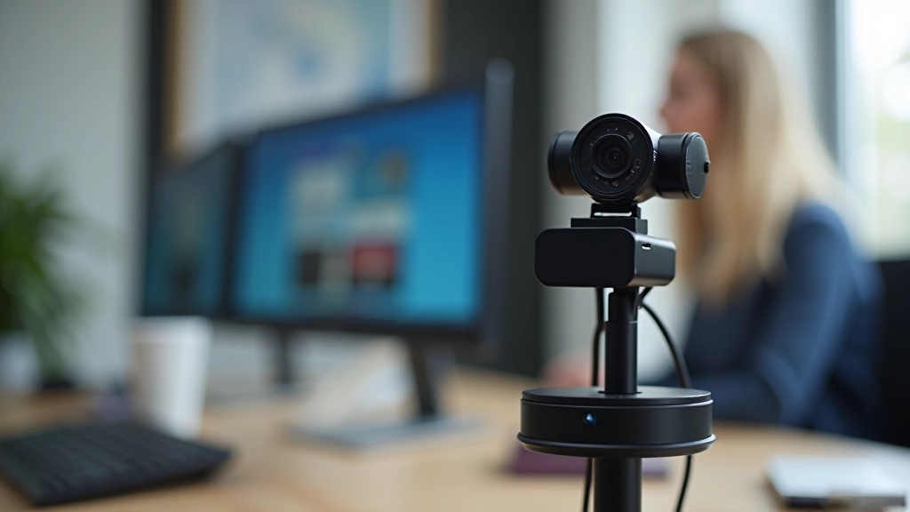 Webcam HD montada no topo do monitor, cabos organizados, ambiente de escritório com iluminação frontal adequada para vídeo