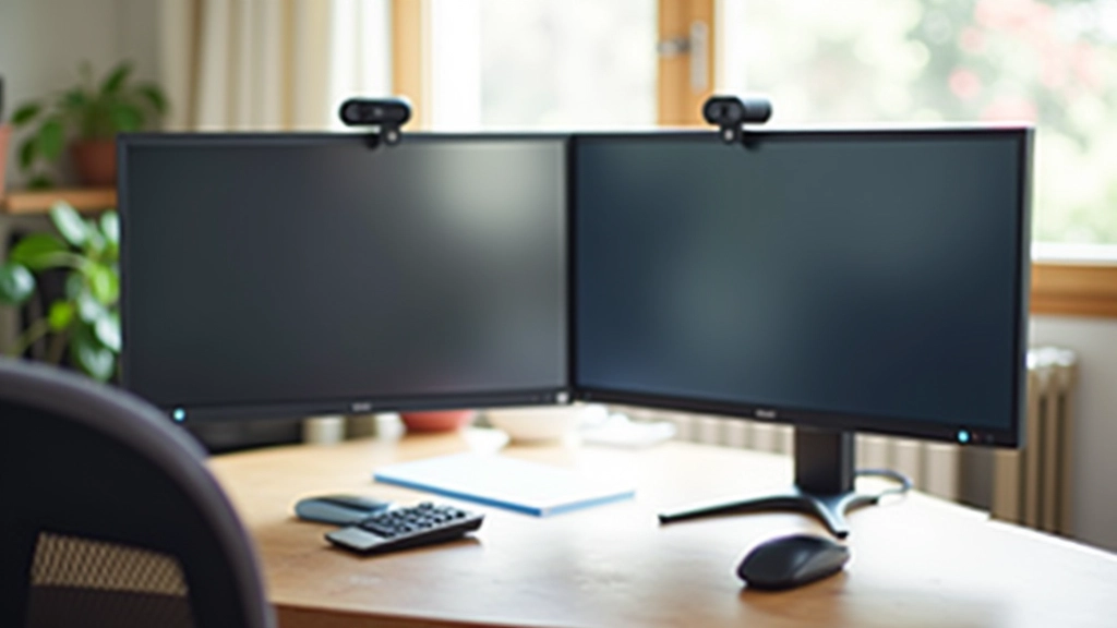 Setup de home office profissional com monitor duplo, câmara HD e microfone USB, secretária organizada, fundo limpo e profissional