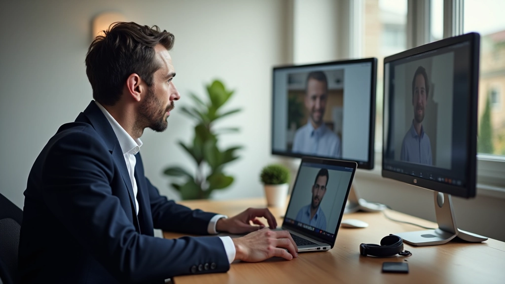 Pessoa numa videochamada com câmara e microfone configurados adequadamente, computador de secretária com monitor duplo, ambiente de home office bem iluminado