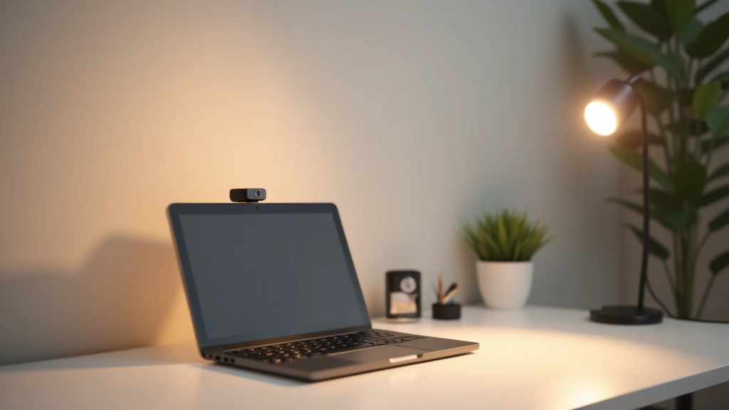 Espaço de trabalho minimalista com computador portátil, webcam externa, fundo neutro e iluminação de anel LED, ambiente profissional