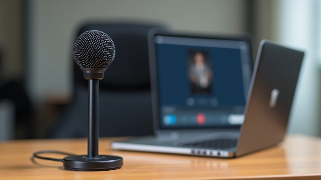 Microfone USB profissional sobre secretária com software de áudio aberto, painel de controlo de volume visível no ecrã do computador