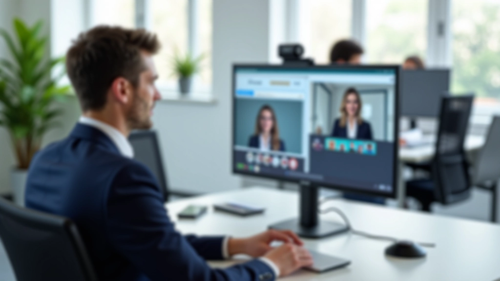 Pessoa a participar em videochamada profissional com qualidade de vídeo optimizada, computador de secretária, ambiente de trabalho bem organizado com iluminação adequada